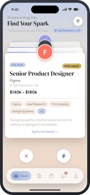 HireLite swipe deck showing a job card