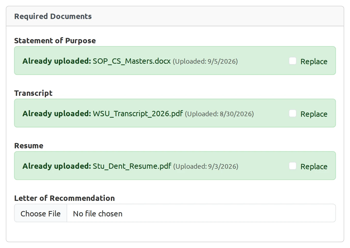Application form showing required documents already uploaded from the vault, each with a replace option
