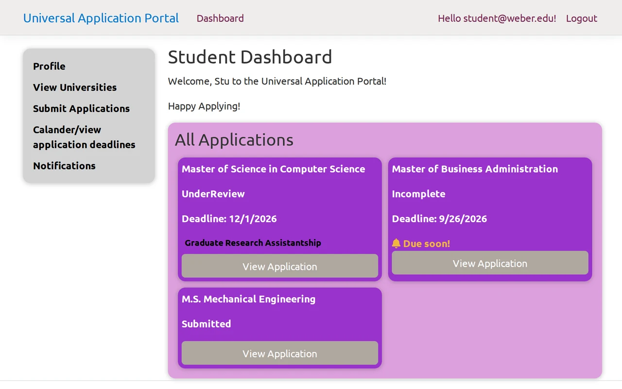 Student side dashboard when logged in.
