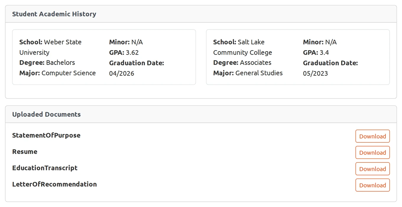 Reviewer view of an applicant's academic history with download buttons for each document