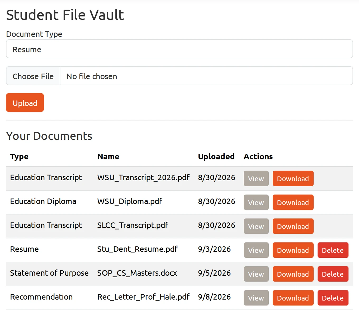 Student file vault listing uploaded transcripts, diploma, resume, statement of purpose, and recommendation letter
